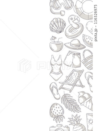 Summer minimalist vertical a4 poster, beach elements and accessories icons, monochrome gray. Right side border frame, copy space, isolated on white. For card, flyer, banner, invitation, social media Summer minimalist vertical a4 poster, beach elements and accessories icons, monochrome gray. Right side border frame, copy space, isolated on white. For card, flyer, banner, invitation, social media 116326975