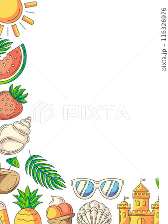 Summer colorful vertical a4 poster, beach elements and accessories icons. Corner border frame, copy space, isolated on white. For card, flyer, banner, invitation, social media, postcard Summer colorful vertical a4 poster, beach elements and accessories icons. Corner border frame, copy space, isolated on white. For card, flyer, banner, invitation, social media, postcard 116326976