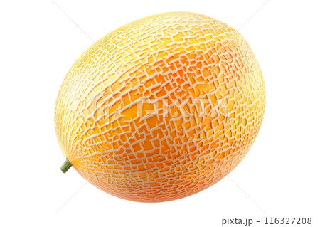 A ripe and juicy cantaloupe melon isolated on a white transparent background, highlighting its textured skin A ripe and juicy cantaloupe melon isolated on a white transparent background, highlighting its textured skin 116327208