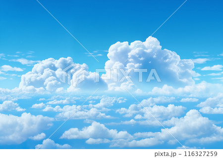 beautiful blue sky with sun and white cumulus clouds aerial view for abstract background 116327259