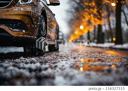 a car wheel close-up on the background of a winter snow-covered road with ice in city street, the concept of traffic safety on a slippery road 116327315