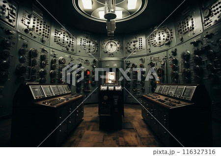 command post of a retro analog control center for an industrial facility or nuclear power plant, a control panel, devices for industrial and scientific research and measurements 116327316