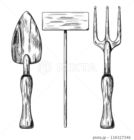 A set of garden tools rake, shovel and index plate. Equipment of a florist and an agronomist for cultivating land, care of the farm. Vector illustration in line art style on isolated background A set of garden tools rake, shovel and index plate. Equipment of a florist and an agronomist for cultivating land, care of the farm. Vector illustration in line art style on isolated background 116327346
