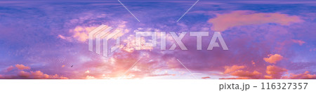 360 panorama of glowing sunset sky with bright pink Cumulus clouds. HDR 360 seamless spherical panorama. Full zenith or sky dome sky replacement for aerial drone panoramas. Climate and weather change. 360 panorama of glowing sunset sky with bright pink Cumulus clouds. HDR 360 seamless spherical panorama. Full zenith or sky dome sky replacement for aerial drone panoramas. Climate and weather change. 116327357