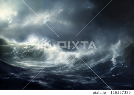 sea storm, dark dramatic stormy sky with cumulus clouds over waves for abstract background 116327389
