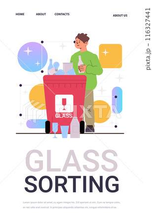 Glass sorting waste management concept man holding bottle near red bin filled with glass items colorful geometric background website design template Glass sorting waste management concept man holding bottle near red bin filled with glass items colorful geometric background website design template 116327441