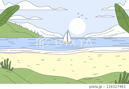 Sailboat on ocean near beach with hills and plants in foreground sun and birds in sky minimalist landscape Sailboat on ocean near beach with hills and plants in foreground sun and birds in sky minimalist landscape 116327461
