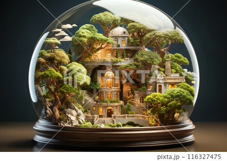 a glass sphere with a microcosm inside, a small fabulous palace between trees 116327475