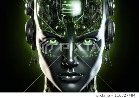 portrait of a woman with a holographic texture on her head, dark background with glow, cyber art, digital future concept 116327494
