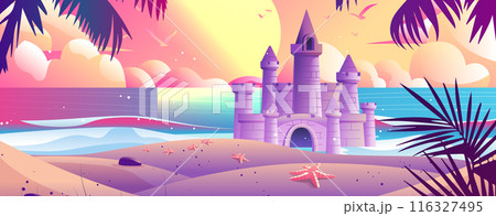 Fantasy castle on beach with starfish palm trees ocean sunset sky and clouds Fantasy castle on beach with starfish palm trees ocean sunset sky and clouds 116327495