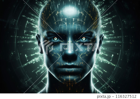 android portrait with a abstract holography pattern on dark background, sci-fi, cyber art 116327512