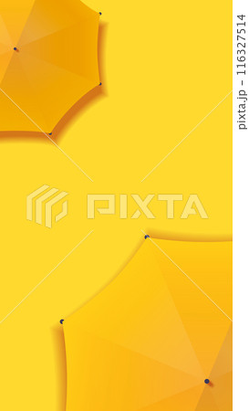 Yellow background with two overlapping orange beach umbrellas creating a summer theme 116327514