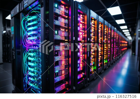 a modern data center for information processing, the Internet, data storage, devices for industrial and scientific research and measurements, the concept of electronics of the future 116327516