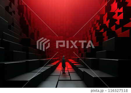 a man stands in a very large room with many red block shapes on the floor and walls, in the style of 3D rendering 116327518