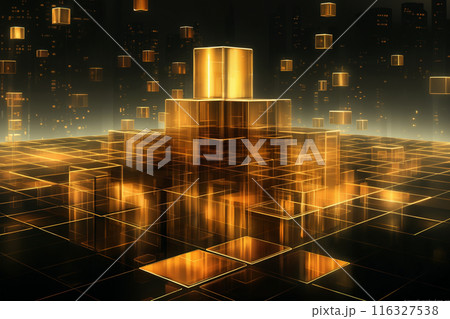 abstract dark background with many golden block shapes and lights, in the style of 3D rendering, digital art 116327538