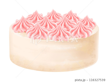 Homemade sponge cake decorated with cream flowers. Pastry with pink whipped cream. A festive cupcake from the bakery. For menus, invitations, packages. Digital isolated illustration 116327539