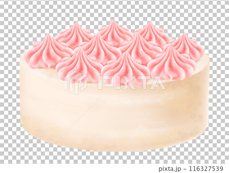 Homemade sponge cake decorated with cream flowers. Pastry with pink whipped cream. A festive cupcake from the bakery. For menus, invitations, packages. Digital isolated illustration 116327539