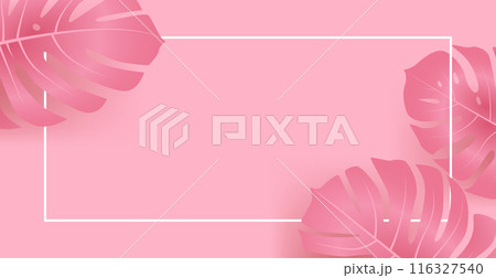 Pink tropical leaves border on pastel background with white rectangular frame 116327540