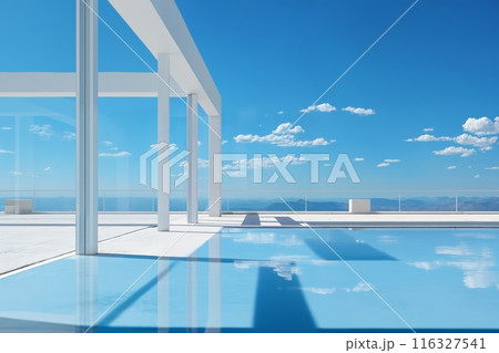 lounge area with pool and glass pavilion and a view of the summer landscape with clear blue sky 116327541