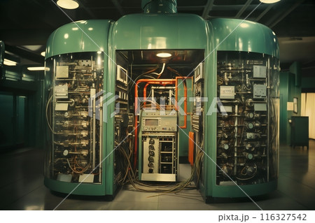 industrial data center, retro analog devices for industry and scientific research and measurements, in interior of laboratory, concept of retro futurism, lamp electronics 116327542