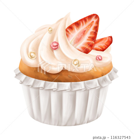 Cupcake decorated with whipped cream, strawberries and sprinkles. Berry muffin with filling. Homemade cakes for a family holiday, delicious dessert in a pastry shop. Digital isolated illustration 116327543