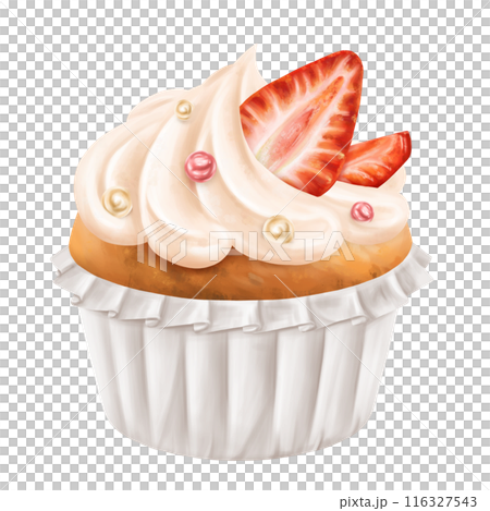 Cupcake decorated with whipped cream, strawberries and sprinkles. Berry muffin with filling. Homemade cakes for a family holiday, delicious dessert in a pastry shop. Digital isolated illustration 116327543