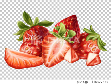 A composition of ripe strawberry slices. Juicy red berry for desserts, decorations and snacks. Garden organic harvest. Topping for cakes, ice cream, pies, cocktails. Digital isolated illustration 116327545