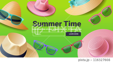 Summer hats sunglasses green background playful vibrant design beach accessories holiday theme 116327608