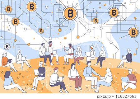 Bitcoin network concept people using devices and bitcoin symbols connected by lines abstract background with minimalistic style 116327663