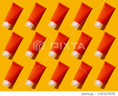 Sunscreen SPF sunblock cream on yellow background 116327670