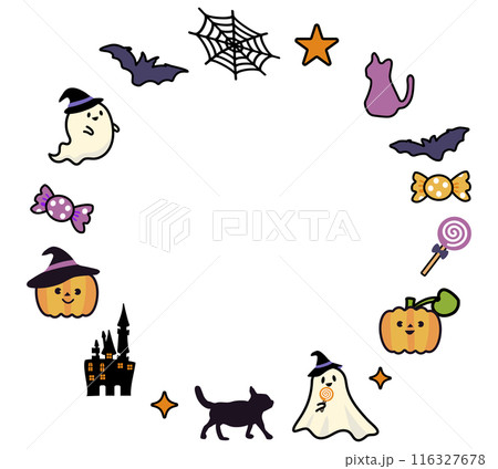 ハロウィンの素材で囲ったかわいい円形のフレーム 116327678