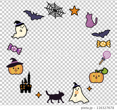 ハロウィンの素材で囲ったかわいい円形のフレーム 116327678