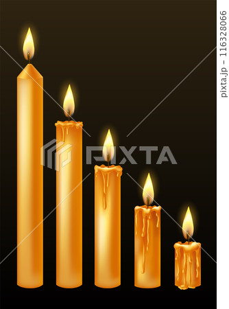 Burning candles with dripping or flowing wax. Yellow candles with golden flame. Lit and melted wax. Arranged from tall to low. Illustration of beautiful glowing candles on dark background 116328066