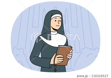 Woman nun with bible stands near church calling to visit christian shrines and study prayers Woman nun with bible stands near church calling to visit christian shrines and study prayers 116328527