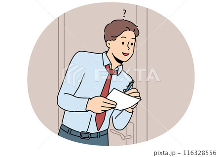 Man eavesdrops on business secrets standing near office door and writing insider information 116328556