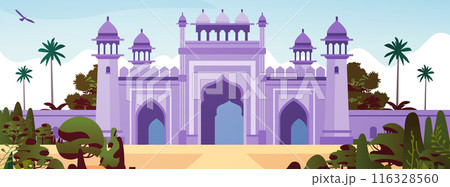 Purple palace with domes and arches surrounded by lush greenery palm trees and a clear sky with a bird flying Purple palace with domes and arches surrounded by lush greenery palm trees and a clear sky with a bird flying 116328560