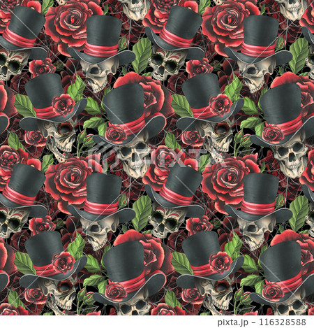Human skull in a top hat with red roses and cobwebs. Hand drawn watercolor illustration for Halloween, day of the dead, Dia de los muertos. Seamless pattern on black background. 116328588