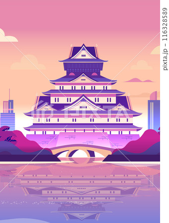 Japanese castle sunset landscape with modern buildings mountains reflection on water Japanese castle sunset landscape with modern buildings mountains reflection on water 116328589