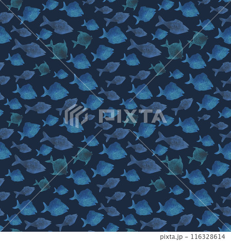 Simple blue fish silhouettes. Watercolor illustration hand drawn in children's style. Seamless pattern on a dark blue background 116328614