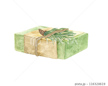 Green handmade soap bar adorned with wrapping paper, natural jute twine, and spruce sprig. Bath soap for skin care. Watercolor illustration. The minimalist and organic design for gift Green handmade soap bar adorned with wrapping paper, natural jute twine, and spruce sprig. Bath soap for skin care. Watercolor illustration. The minimalist and organic design for gift 116328619