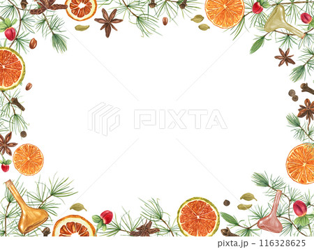 Festive botanical border with dried citrus, herbs, spice and antique glass bottles. Orange slice, pine twig, red berries. Anis, cardamon, clove and pepper. Watercolor illustration isolated on white. Festive botanical border with dried citrus, herbs, spice and antique glass bottles. Orange slice, pine twig, red berries. Anis, cardamon, clove and pepper. Watercolor illustration isolated on white. 116328625