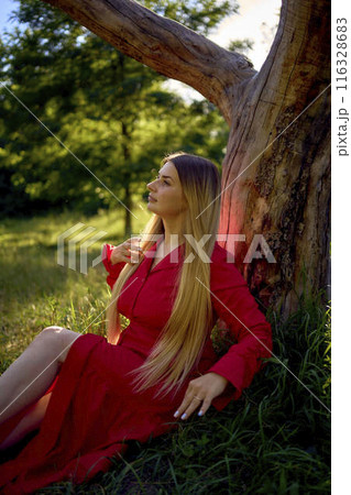 portrait of a beautiful woman with long blond hair in a red dress near a dry tree in the park portrait of a beautiful woman with long blond hair in a red dress near a dry tree in the park 116328683