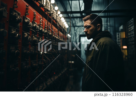 An employee controls the devices in an industrial laboratory or factory, technological process control, in style of a photo reportage 116328960