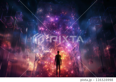 A man standing in a dark mystic space with lots of shapes and lights around, in the style of surrealism 116328998