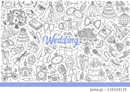 Wedding items for marriage ceremony of bride and groom and bridal party. Hand drawn doodle Wedding items for marriage ceremony of bride and groom and bridal party. Hand drawn doodle 116329135