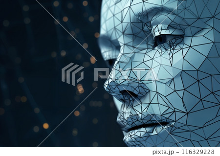 human face with grid and particles in space as symbol of augmented reality and computer technologies of future, close-up portrait, concept of cybernetics, biomechanics and robotics 116329228