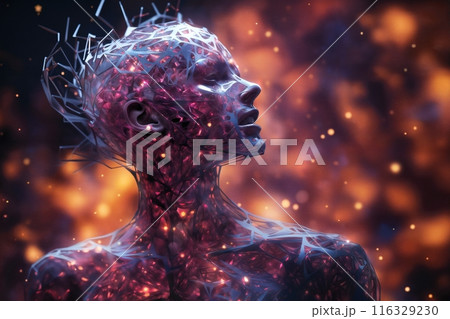 a schematic of human body with neural connections of head and brain and organ structures in form of hologram on abstract background with light, digital art, concept of biotechnology of future 116329230