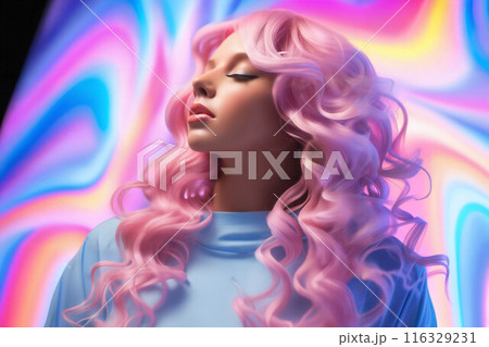Portrait of a fashionable girl with pink hair on a colorful background 116329231
