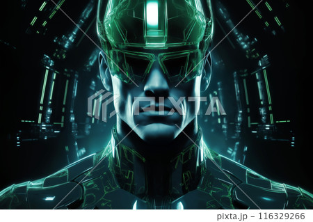 portrait of a male soldier in a military uniform and a glass helmet, against a dark background, green color, science fiction concept and cyber art 116329266