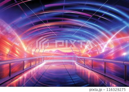 an abstract observation deck with a view of futuristic colors in space and unreal landscapes, colorful background with lights 116329275